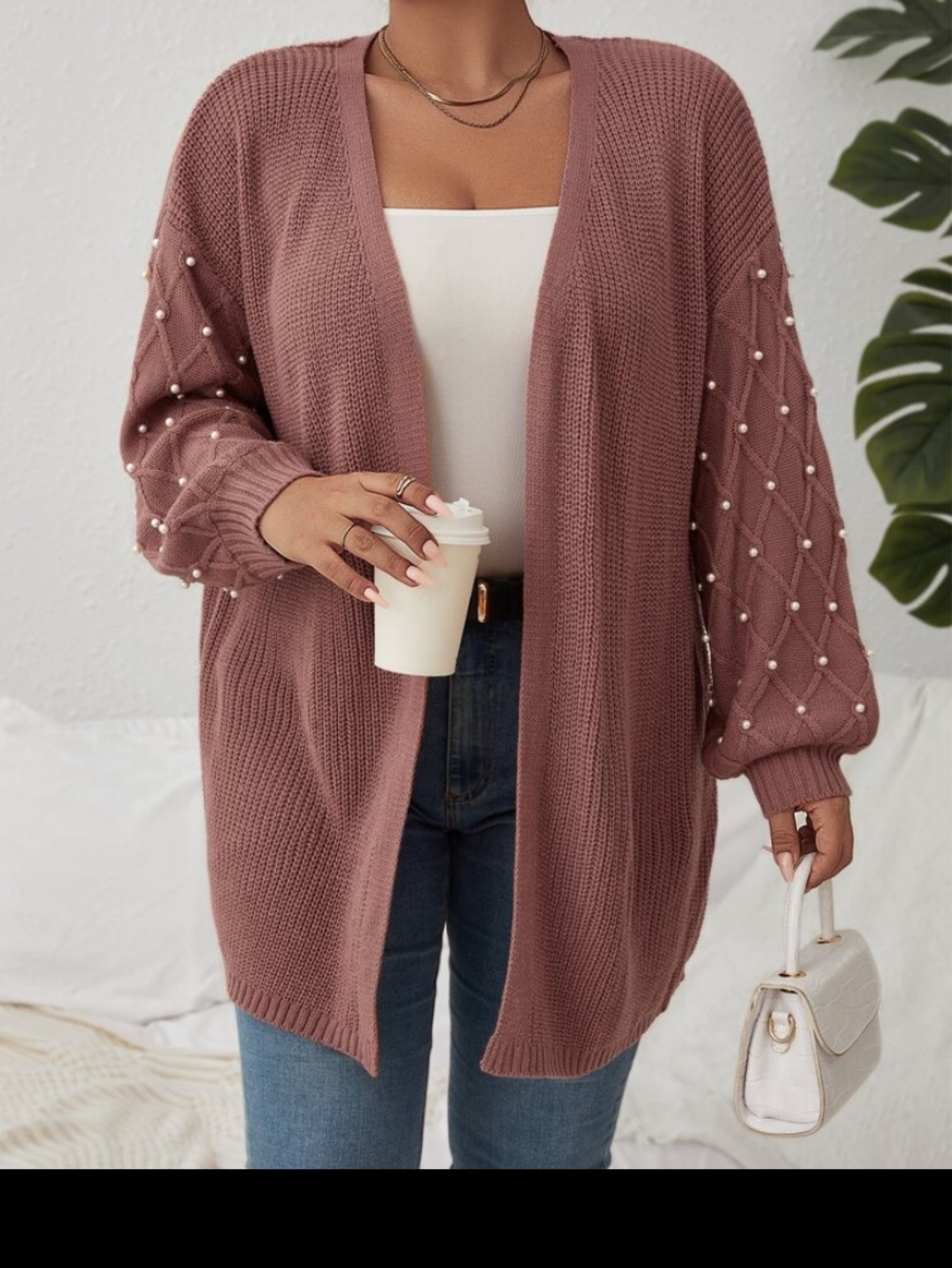 SHEIN Dusty Rose Pearl-Embellished Open Cardigan